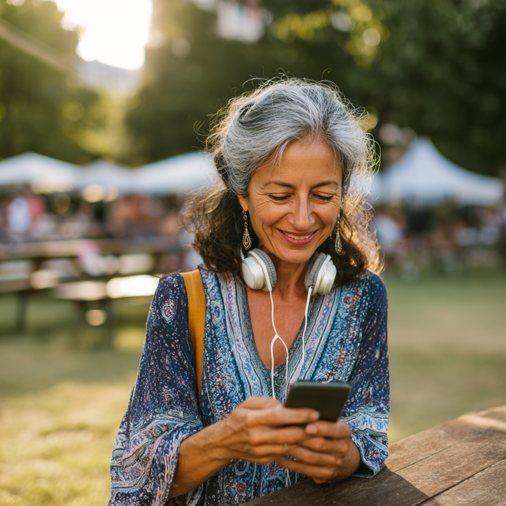 Жена на 52 години се усмихва докато чете хранителния си план на телефона в парка