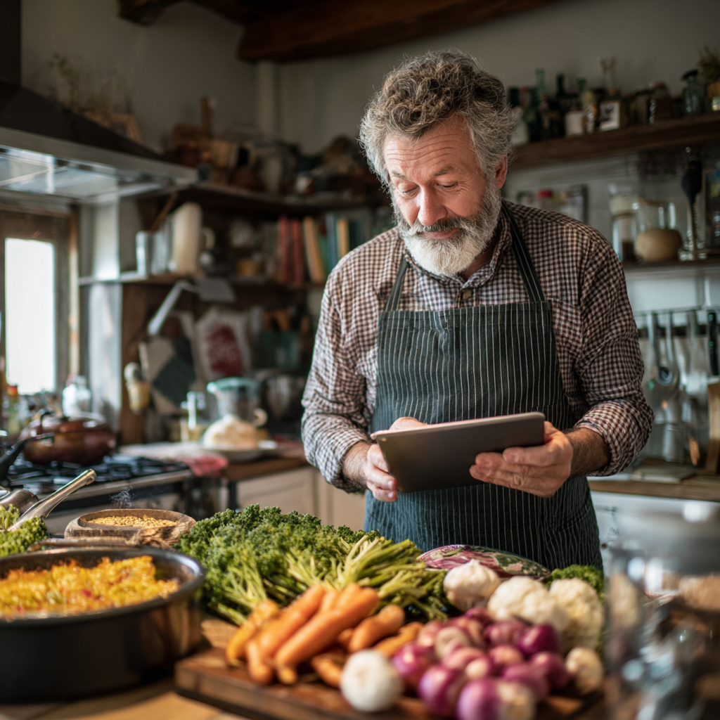 Мъж на 58 години в кухнята готви здравословно ястие по рецепта от morviltek приложението на таблета си