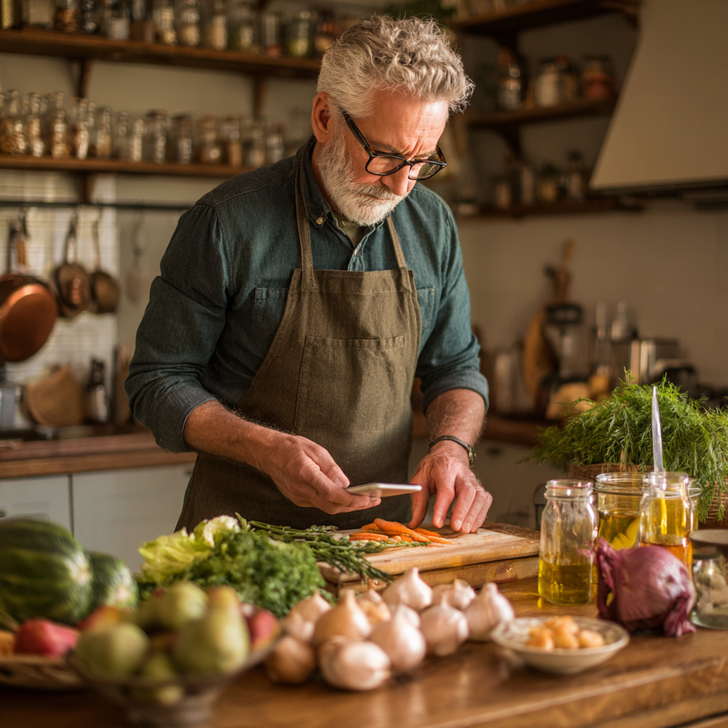 Мъж на 60 години готви здравословна храна в кухнята си следвайки рецепта от приложението