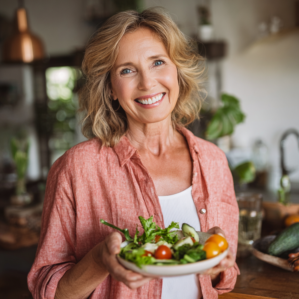 Усмихната жена на 55 години държи чиния със здравословна салата и се радва на новия си начин на живот